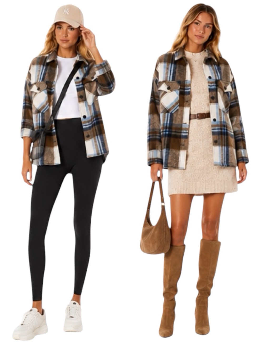 Zara Italian Fabric Plaid Wool Oversized Shacket Jacket Blue Brown Cream Size L